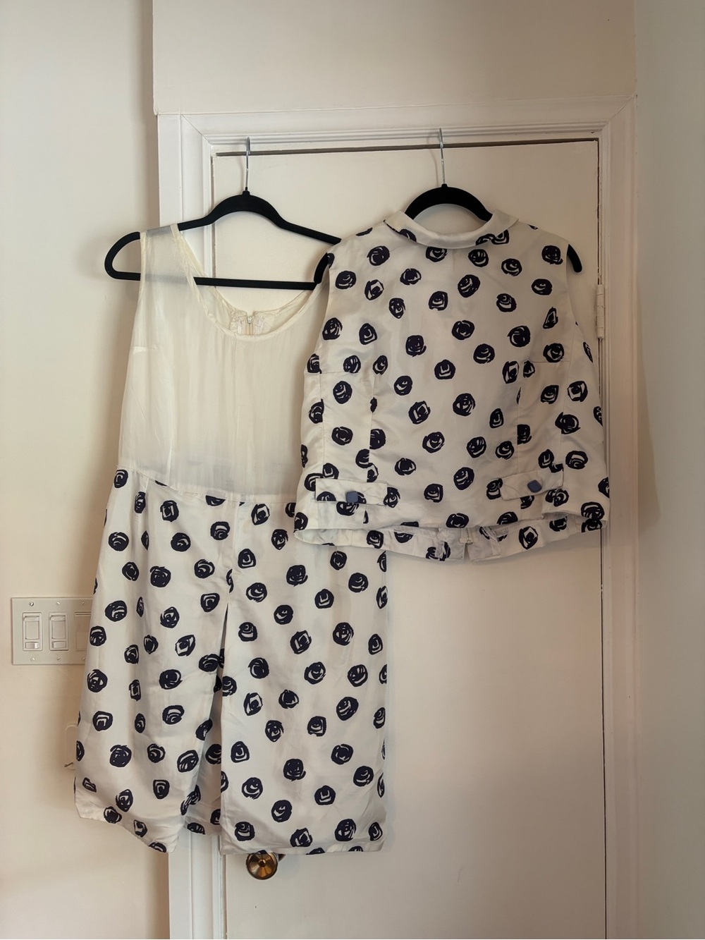 Vintage White Ivory 2 piece dress with dark purple flower pattern with buttons